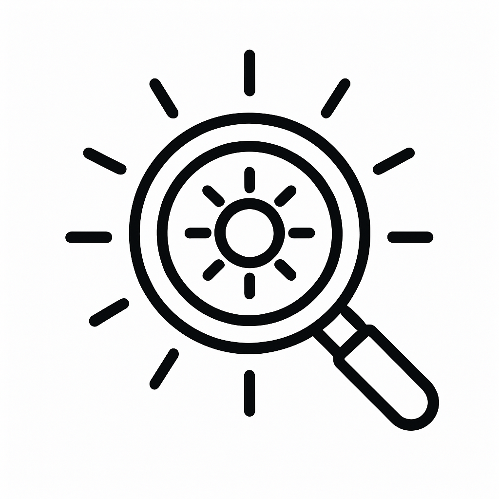 Clarity icon with magnifying glass and sun symbolizing transparency, insight, and clear vision